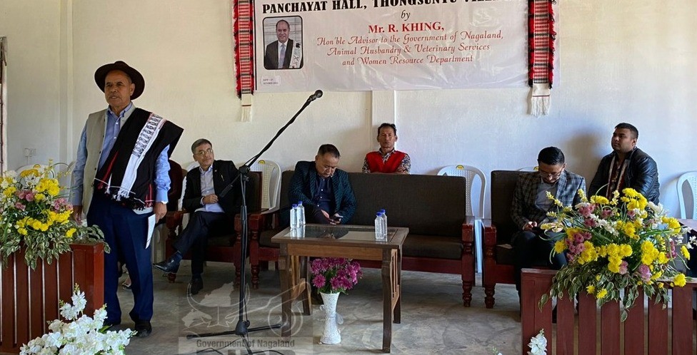 Advisor R Khing addressing the inaugural of the panchayat hall at Thongsunyu village on October 27. (DIPR Photo) 
